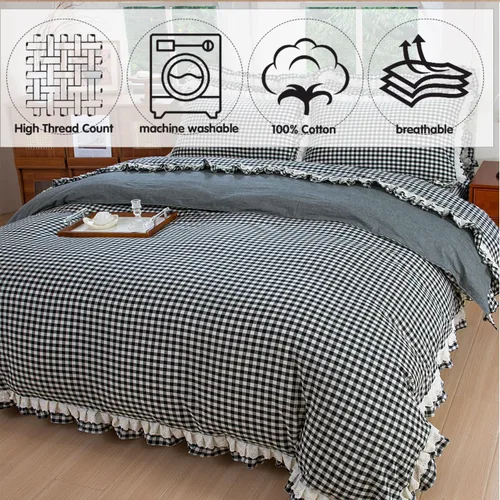 Vista 4 de FADFAY Twin 100% Washed Cotton Black & White Gingham Ruffle Duvet Cover Set Soft, Breathable, Crisp, Hidden Zipper Closure, 8 Corner Ties