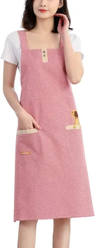 Vista 11 de NEWGEM Delantal 100% algodón con espalda cruzada para mujer con 2 bolsillos, correas de botón ajustables, sin dolor de cuello, delantal de chef