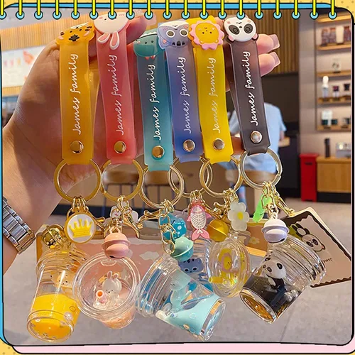 Vista 7 de Lindo llavero de animal líquido flotante Kawaii llaveros mochila colgante colgante pulsera llavero llavero para niñas mujeres