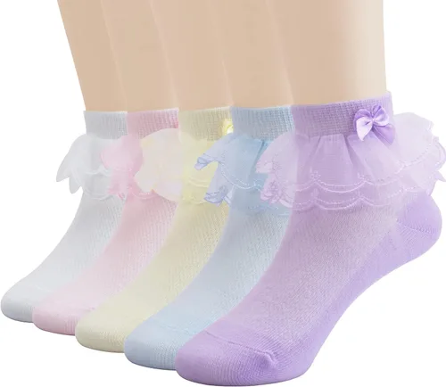 Vista 8 de Looching Calcetines de encaje con volantes para niñas pequeñas, de algodón, con volantes, con lazo, paquete de 5