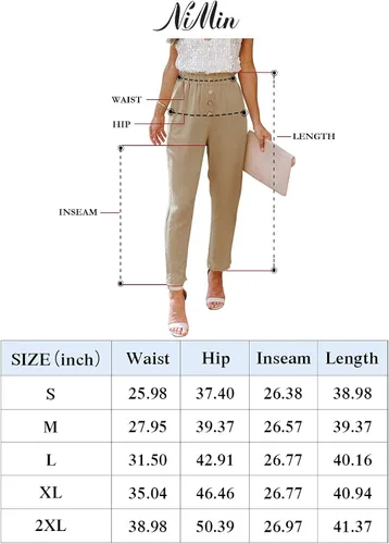 Vista 6 de NIMIN Pantalones sueltos casuales para mujer, cómodos, de trabajo, recortados con bolsillos, elásticos, de cintura alta, estilo paper bag