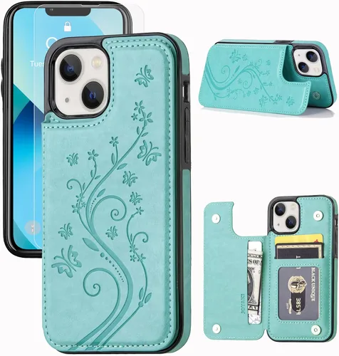 Vista 13 de Funda tipo cartera compatible con iPhone 13, funda protectora delgada con tarjetero, cuero PU con soporte y ranuras para tarjetas con un cristal