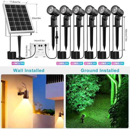 Vista 6 de MEIHUA Focos solares que cambian de color para exteriores, 6 en 1, iluminación solar de paisaje, focos RGB con control remoto, IP66, luces solares