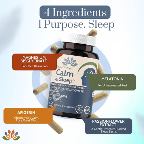 Vista 4 de Wellkasa Migra-Well PM - Ayuda para dormir para adultos, bisglicinato de magnesio con apigenina y pasiflora para calma, sueño profundo y apoyo