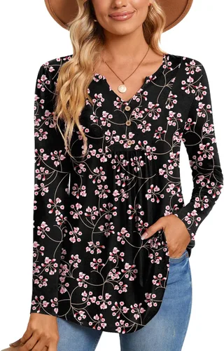 Vista 2 de CATHY Blusa tipo túnica de manga larga para mujer, cuello en V, con botones, informal, plisada, básica