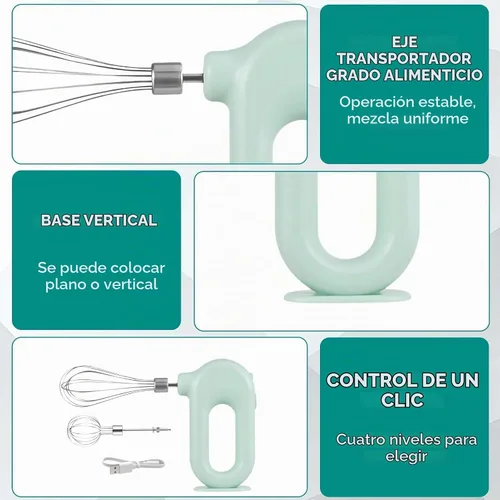 Vista 6 de 4 Speed Electric Hand Mixer, Electric Hand Mixer Whisk Wireless Rechargeable Handheld Egg Beater Adjustable Cordless Electric Whisk Hand Mixer Green