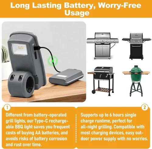 Vista 4 de Luz de parrilla recargable, rotación flexible de 360°, luz LED de mango de barbacoa, carga tipo C, batería de larga duración de 6 horas, accesorios