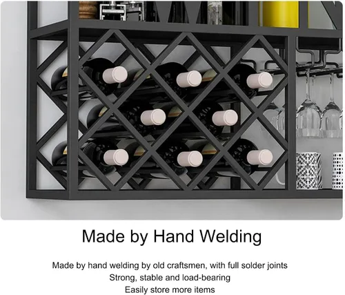 Vista 5 de Estantes de metal para vino, estantes de bar montados en la pared con soporte colgante para copas de vino, estante de exhibición de botellas