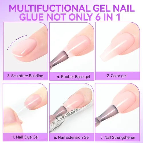 Vista 2 de Gelike EC Peachy Jelly Gel de Pegamento para Uñas - 6 en 1 Uñas Acrílicas Transparentes Extra Fuertes - Adhesivo de Extensión de Larga Duración UV