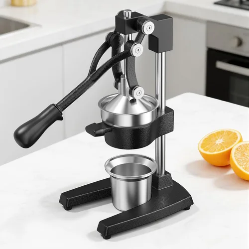 Vista 9 de Exprimidor manual de hierro fundido, exprimidor de mano comercial con taza de acero inoxidable, exprimidor manual de alta resistencia, prensa