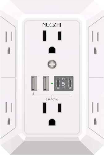 Vista 8 de Cargador de pared, protector de sobretensiones, extensor de 5 salidas con 4 puertos de carga USB (2USB-C), adaptador de enchufe múltiple de 3 lados