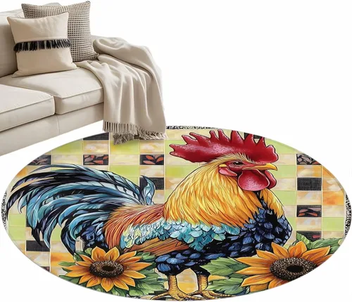 Vista 2 de 4ft Round Rug, Retro Rooster Non-Skid Rubber Backing Large Area Rugs - Living Room Bedroom Home Office, Yellow Sunflower Watercolor Animals Plaid