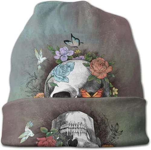 Vista 5 de Gorro de punto con diseño de calavera de azúcar y flores, para adultos, cálido, holgado, regalo para hombres y mujeres