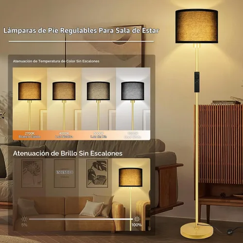 Vista 2 de Lámparas de pie doradas para sala de estar, lámpara de pie regulable sin escalones con control remoto, temperatura de color y brillo ajustables
