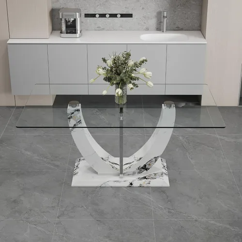 Vista 4 de Una mesa rectangular moderna y simple, equipada con una mesa de vidrio templado de 0.39 pulgadas y patas de tablero de densidad media, y estantes