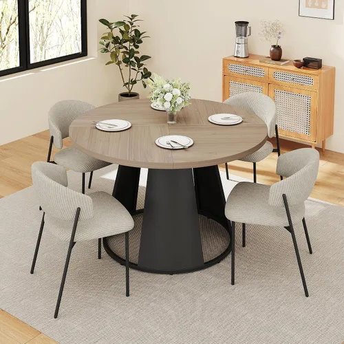 Vista 10 de HIPIHOM Juego de mesa de comedor redonda de 47.2 pulgadas para 4 mesas de madera modernas con 4 sillas tapizadas, base de pedestal de metal, muebles