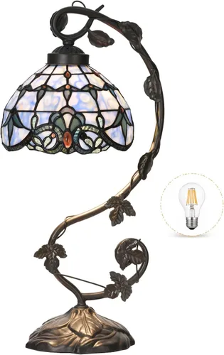 Vista 10 de TL0024 Lámpara estilo Tiffany azul mar con libélula, pantalla de vidrio emplomado y base de lámpara de mesa con diseño de vid para dormitorio, sala
