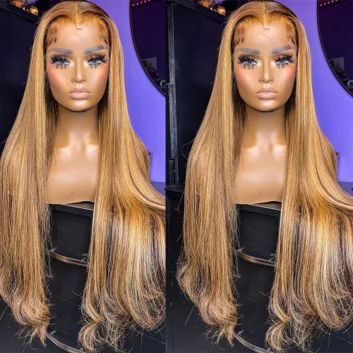 Vista 7 de Peluca de cabello humano con encaje frontal de alta definición 13x4, color rubio miel, con reflejos degradados, lacio, con cabello prearrancado, 26
