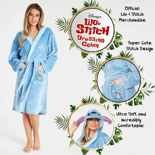 Vista 3 de Disney Batas para mujer, batas de baño Lilo and Stitch, bata de baño de forro polar con capucha, poliéster suave