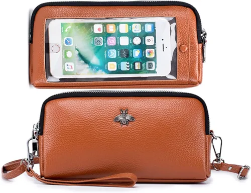 Vista 8 de Cuero genuino pantalla táctil teléfono bolsa bolsa muñeca bolso cartera para mujeres niñas
