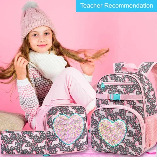 Vista 8 de TXHVO Mochila de 3 piezas para niños y niñas, 16 pulgadas para jardín de infantes con lonchera, lindas mochilas elementales para niños y niñas