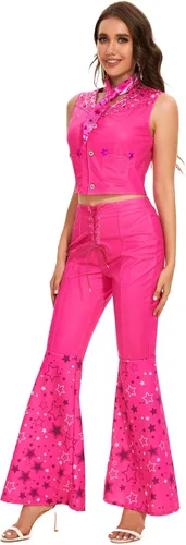 Vista 4 de Saxcdyi Disfraz de vaquera de los años 70 y 80, trajes de disco hippie de los años 70 y 80, chaleco rosa, pantalón acampanado, traje de cosplay