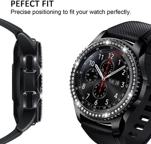 Vista 2 de DEALELE Fundas para Samsung S3 Frontier/Classic/Galaxy Watch 4/4 Classic, Rhinestone Diamond Steel Watch Face Bezel Rings (negro)