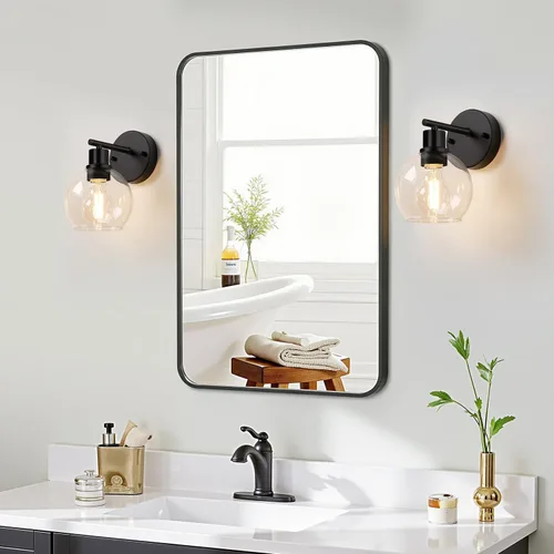 Vista 6 de Indoi Juego de 2 apliques de pared negros mate, lámparas de tocador de vidrio transparente con base E26, luces de pared reversibles arriba o abajo