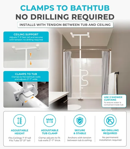 Vista 7 de Stander Wonder - Poste de bañera con barra de seguridad y barra de agarre curva, mango de ducha ajustable para bañeras, abrazadera en el riel