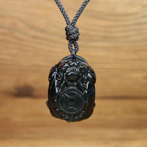 Vista 5 de COAI Collar con colgante de tortuga de amuleto de piedra de obsidiana dorada
