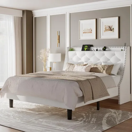 Vista 17 de Feonase - Base de cama tamaño completo con respaldo de alas de lujo y estación de carga rápida, base de cama tapizada con botones y cabecera