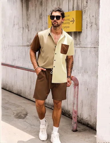 Vista 4 de LecGee Conjunto de 2 piezas de camisa y pantalones cortos de manga corta con botones para hombre