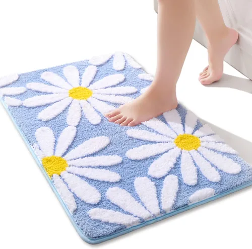 Vista 12 de QJHOMO Alfombra de baño beige con diseño de margaritas, decoración de flores blancas y amarillas, alfombra antideslizante de microfibra, súper