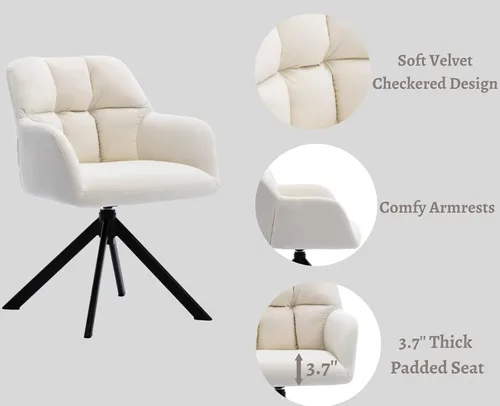 Vista 5 de EALSON Cómoda silla de escritorio de terciopelo moderna para computadora, sin ruedas, silla giratoria con brazo de respaldo medio para sala de Beige