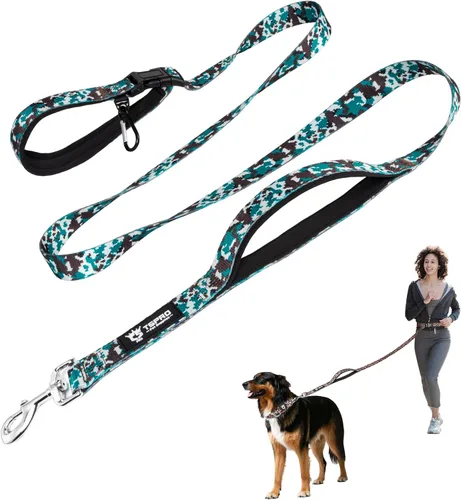 Vista 13 de TSPRO Correa táctica para perro, manos libres, resistente, ajustable, con mango acolchado y cierre de seguridad de metal para caminar, correr Azul