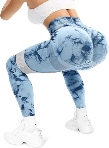 Vista 3 de GILLYA Leggings de levantamiento de glúteos para mujer, sin costuras, teñido anudado, para entrenamiento, gimnasio, cintura alta, pantalones