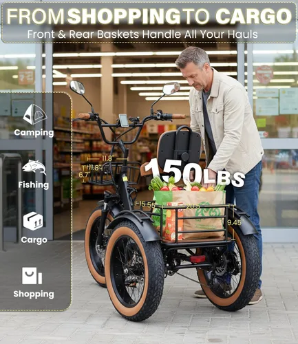 Vista 9 de KAKIGO Electric Tricycle for Adults,Peak 1350W Motor Etrike,48V15.6Ah Ebike,20"x4"Fat Tire Aluminum Folding Electric Trike,3-Wheel Electric