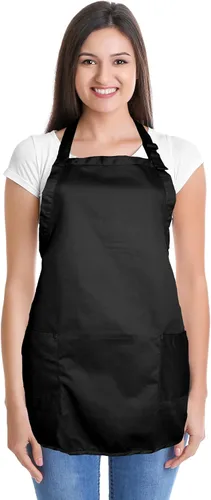 Vista 2 de Delantal de cocina para restaurante u hogar, estilo pechera, de hilado de poli algodón (2 bolsillos), Algodón, Negro, 30