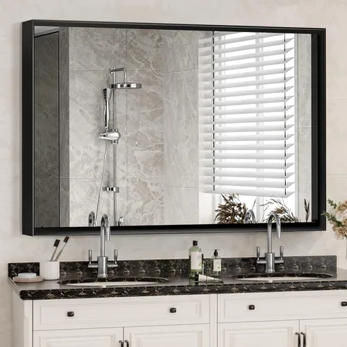 Vista 4 de Espejo rectangular de baño negro brillante de 40 x 30 pulgadas para pared, espejo de tocador para colgar en la esquina, espejo rectangular moderno