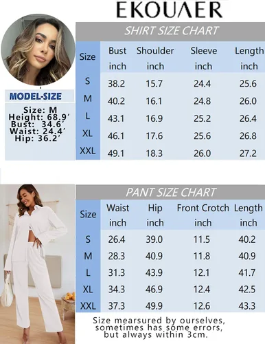 Vista 6 de Ekouaer Conjunto de 2 piezas para mujer, camisa de manga larga con botones y pantalones a juego, conjuntos holgados y casuales con bolsillos