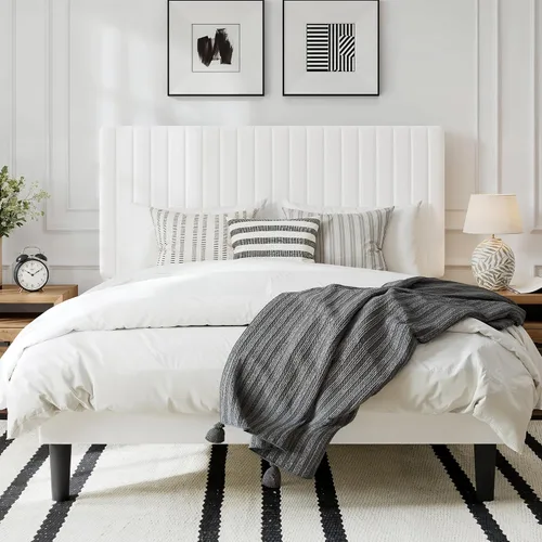 Vista 14 de GOLDORO Base de cama tapizada de terciopelo de tamaño matrimonial con cabecera capitoné de canal vertical, soporte de listones de madera,