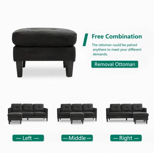 Vista 3 de Sofá modular convertible con diván, juego de sofá negro en forma de L con otomana reversible, sofás modulares pequeños y modernos para sala
