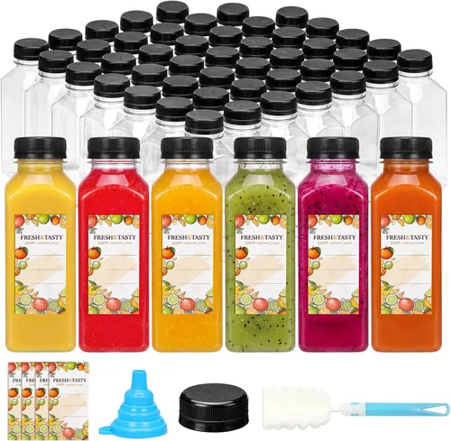 Vista 30 de TOMNK 12 botellas de plástico de 2 onzas con tapas, recipientes reutilizables transparentes a granel para bebidas de jengibre shot, jugo, leche