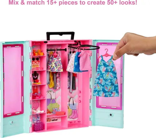 Vista 2 de Set de armario de Barbie con 3 conjuntos, accesorios de estilo y perchas, ropa para mezclar y combinar para más de 50 looks