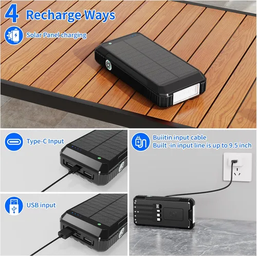 Vista 4 de Banco de Energía Cargador Solar 49800mAh, Carga Inalámbrica Portátil para Teléfono con 4 Cables Incorporados Carga Rápida 22.5W, Puerto