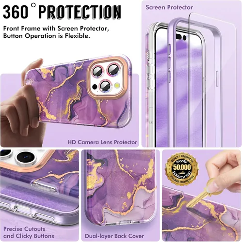 Vista 3 de SHEDEER Funda para iPhone 15 Pro MAX con protector de cámara con purpurina y protector de pantalla, patrón chic antiamarillento, protección contra
