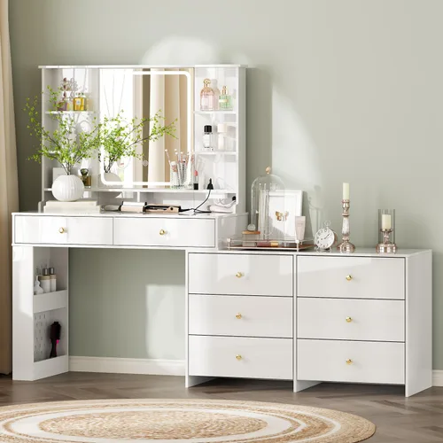 Vista 14 de Ieejdn Escritorio de tocador de maquillaje con espejo y luces, escritorio de tocador con 8 cajones y estantes de almacenamiento, mesa de tocador