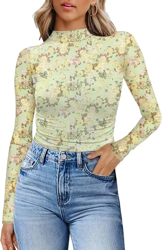 Vista 10 de Camisas de manga larga de malla sexy para mujer, ropa de moda, cuello de tortuga, drapeada, para salir, trajes de otoño, blusas ajustadas Negro