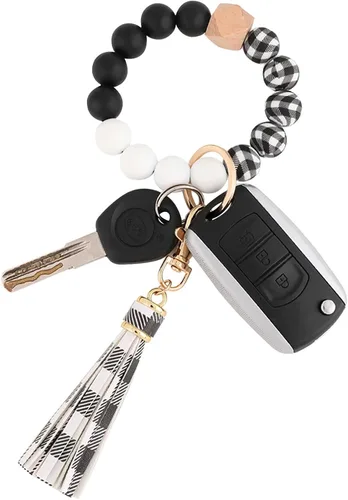Vista 22 de BAOSIWA Pulsera de cuentas de silicona, llavero de pulsera, cadena para mujer, con borla de cuero Negro