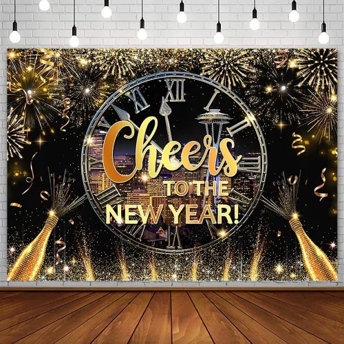 Vista 10 de AIBIIN Telón de fondo de 7 x 5 pies con texto en inglés «Happy New Year» 2026, noche de la ciudad, víspera de Año Nuevo, grandiosos fuegos Fuegos